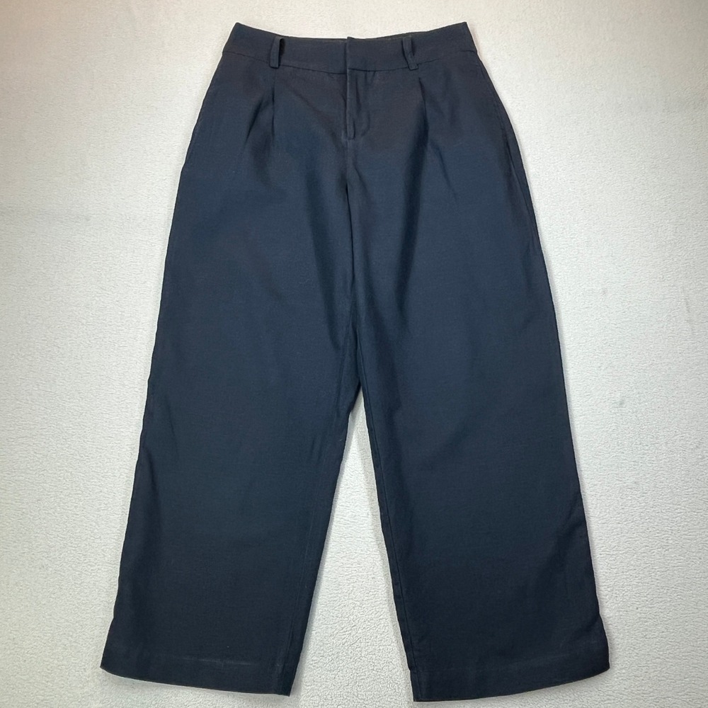 Zara Basic Navy Blue Linen Blend Pleated Wide Leg Cropped Pants Womens Small